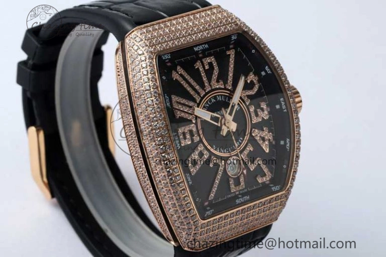Vanguard V45 RG ABF Best Edition Full Diamonds Case Black Dial on Black Leather Strap A2824