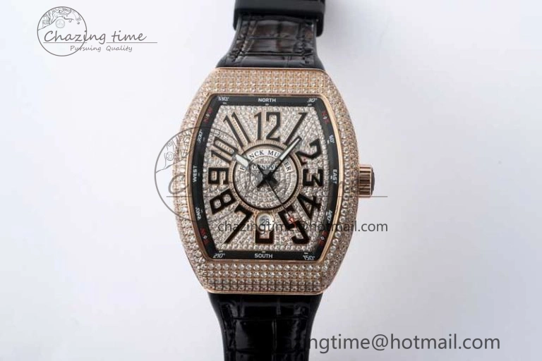 Vanguard V45 RG ABF Best Edition Full Diamonds Dial on Black Leather Strap A2824
