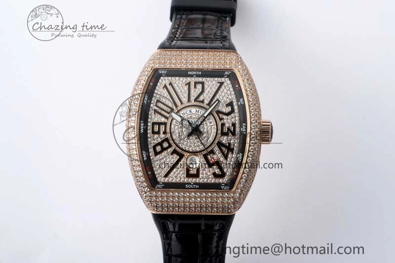 Vanguard V45 RG ABF Best Edition Full Diamonds Dial on Black Leather Strap A2824