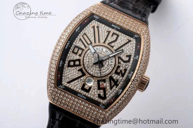 Vanguard V45 RG ABF Best Edition Full Diamonds Dial on Black Leather Strap A2824