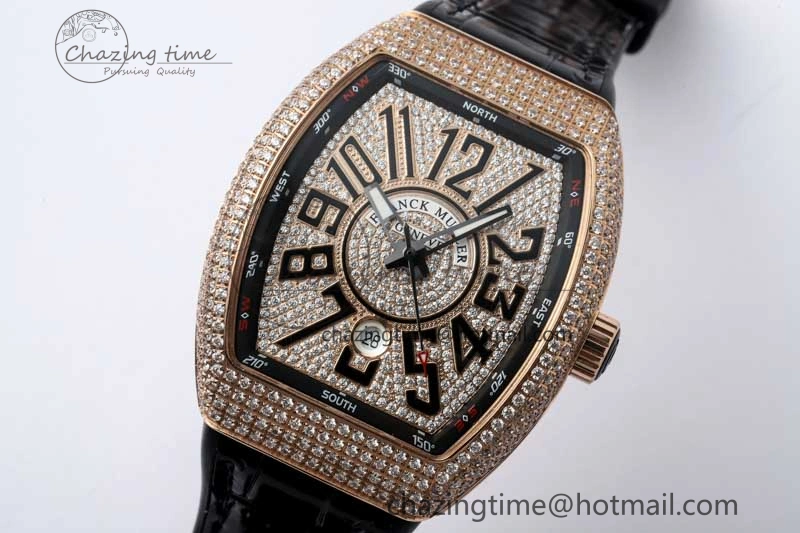Vanguard V45 RG ABF Best Edition Full Diamonds Dial on Black Leather Strap A2824