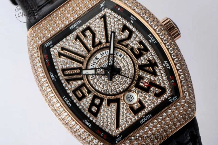 Vanguard V45 RG ABF Best Edition Full Diamonds Dial on Black Leather Strap A2824
