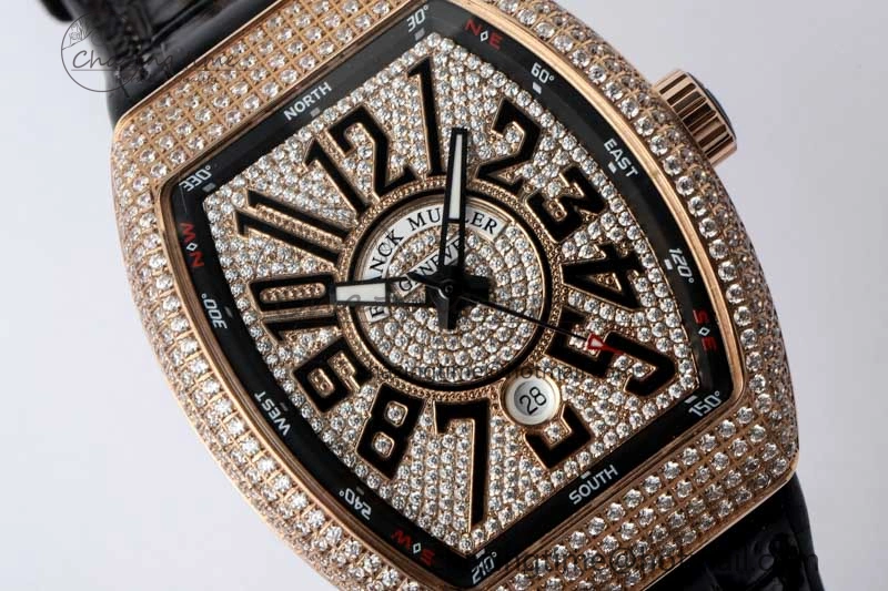 Vanguard V45 RG ABF Best Edition Full Diamonds Dial on Black Leather Strap A2824