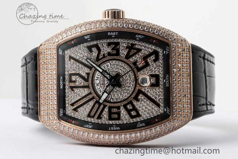 Vanguard V45 RG ABF Best Edition Full Diamonds Dial on Black Leather Strap A2824