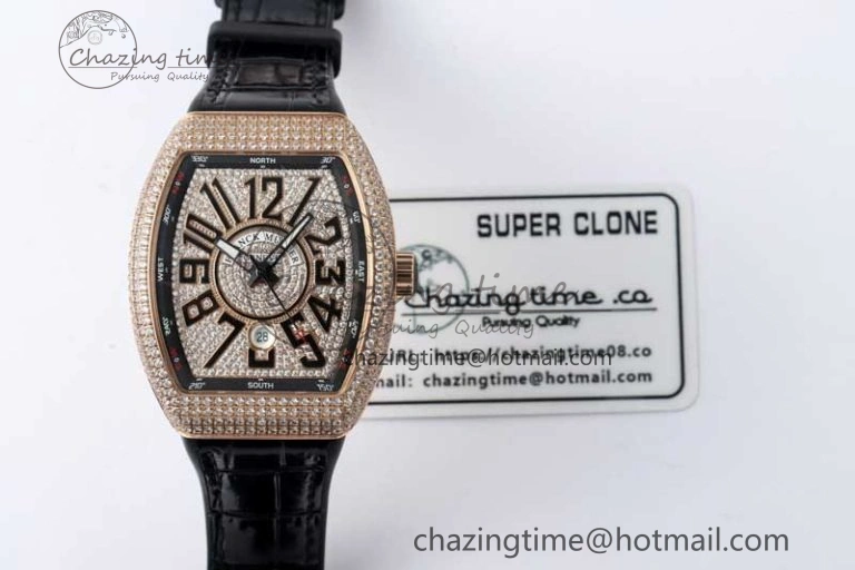 Vanguard V45 RG ABF Best Edition Full Diamonds Dial on Black Leather Strap A2824