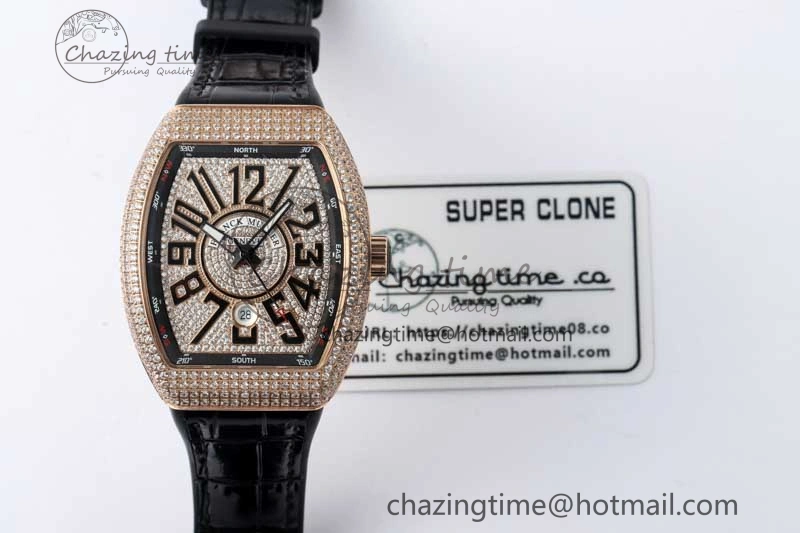 Vanguard V45 RG ABF Best Edition Full Diamonds Dial on Black Leather Strap A2824
