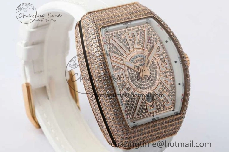 Vanguard V45 RG ABF Best Edition Full Diamonds Dial on White Leather Strap A2824
