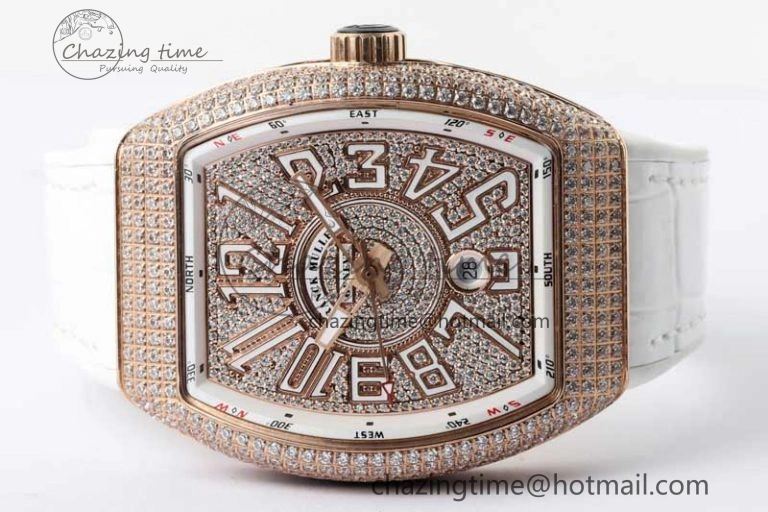 Vanguard V45 RG ABF Best Edition Full Diamonds Dial on White Leather Strap A2824