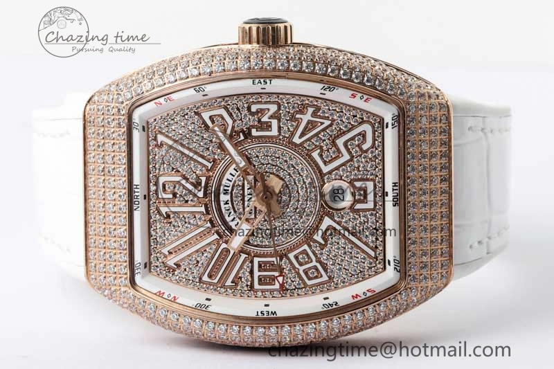 Vanguard V45 RG ABF Best Edition Full Diamonds Dial on White Leather Strap A2824