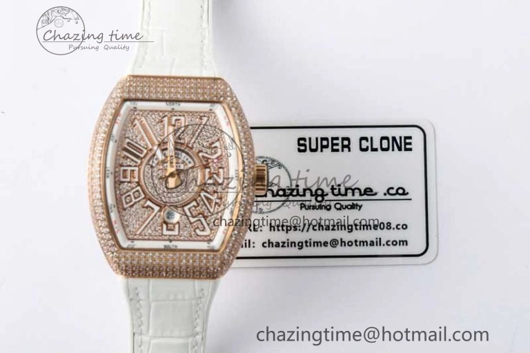 Vanguard V45 RG ABF Best Edition Full Diamonds Dial on White Leather Strap A2824