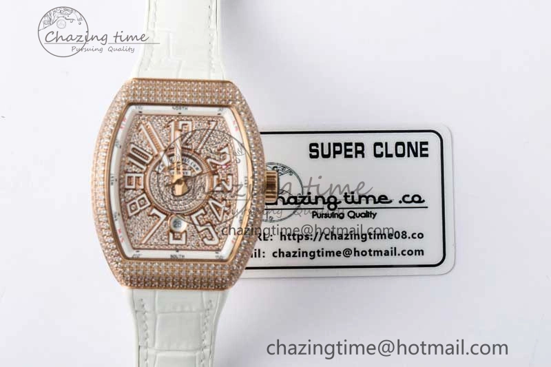 Vanguard V45 RG ABF Best Edition Full Diamonds Dial on White Leather Strap A2824