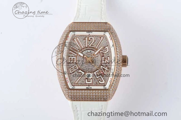 Vanguard V45 RG ABF Best Edition Full Diamonds Dial on White Leather Strap A2824
