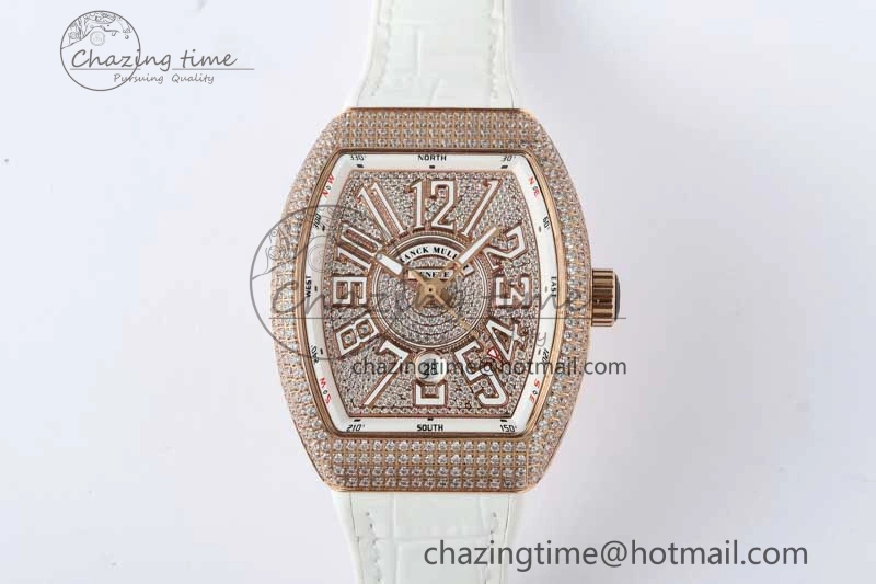 Vanguard V45 RG ABF Best Edition Full Diamonds Dial on White Leather Strap A2824