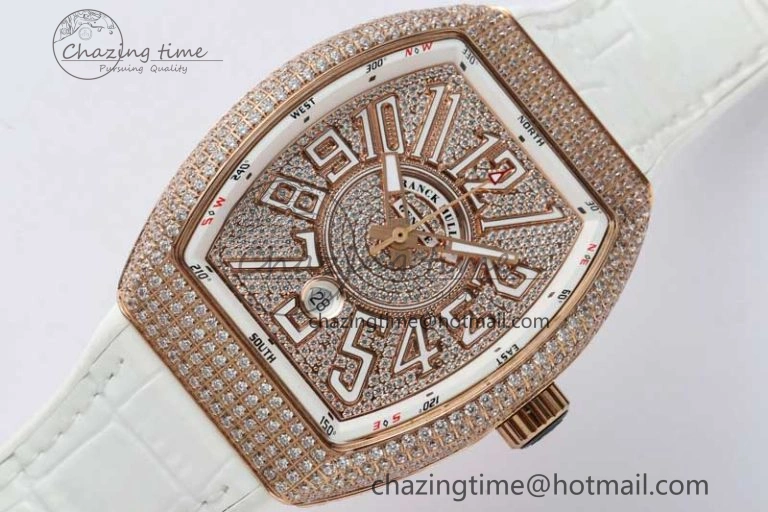 Vanguard V45 RG ABF Best Edition Full Diamonds Dial on White Leather Strap A2824