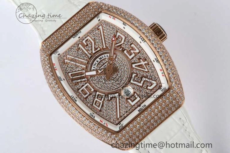 Vanguard V45 RG ABF Best Edition Full Diamonds Dial on White Leather Strap A2824
