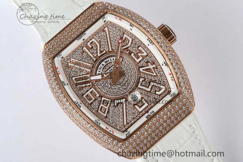 Vanguard V45 RG ABF Best Edition Full Diamonds Dial on White Leather Strap A2824