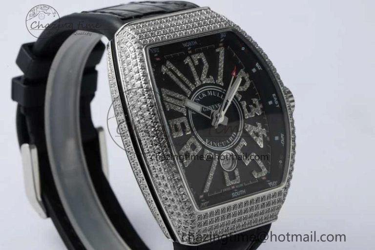 Vanguard V45 SS ABF Best Edition Full Diamonds Case Black Dial on Black Leather Strap A2824