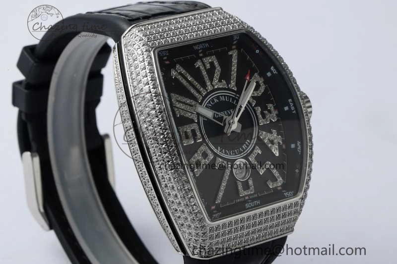 Vanguard V45 SS ABF Best Edition Full Diamonds Case Black Dial on Black Leather Strap A2824