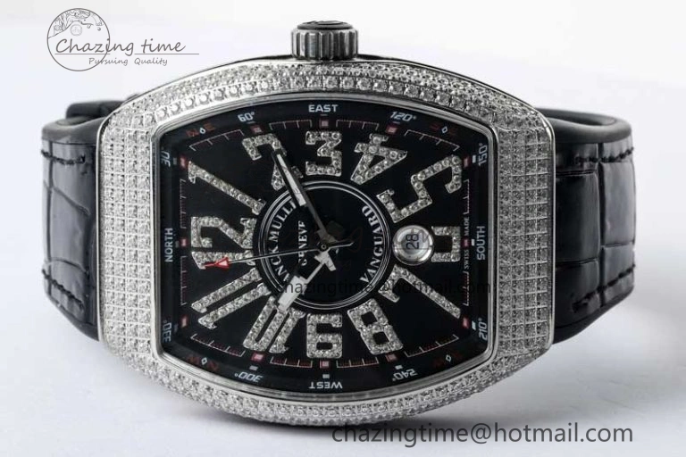 Vanguard V45 SS ABF Best Edition Full Diamonds Case Black Dial on Black Leather Strap A2824