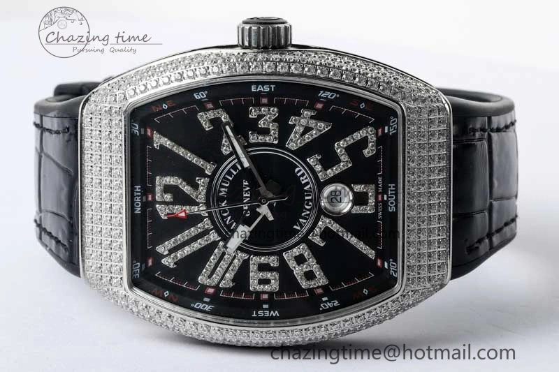 Vanguard V45 SS ABF Best Edition Full Diamonds Case Black Dial on Black Leather Strap A2824