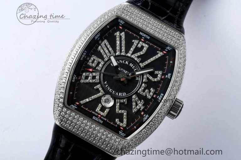 Vanguard V45 SS ABF Best Edition Full Diamonds Case Black Dial on Black Leather Strap A2824
