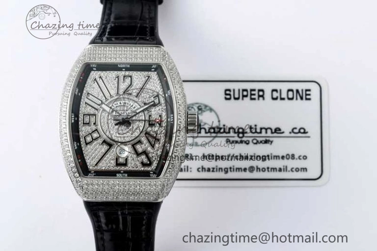Vanguard V45 SS ABF Best Edition Full Diamonds Case Black Dial on Black Leather Strap A2824