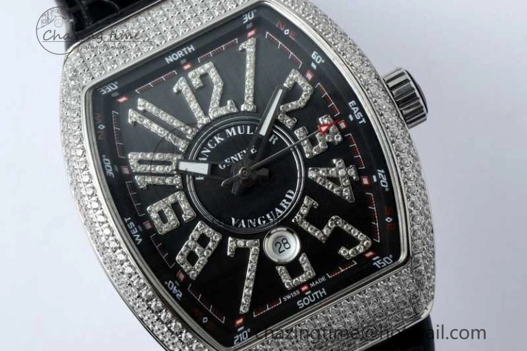 Vanguard V45 SS ABF Best Edition Full Diamonds Case Black Dial on Black Leather Strap A2824