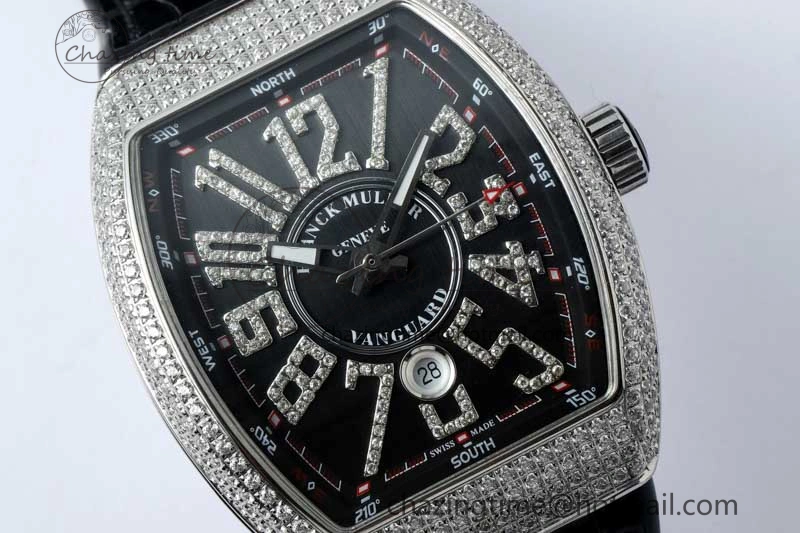 Vanguard V45 SS ABF Best Edition Full Diamonds Case Black Dial on Black Leather Strap A2824