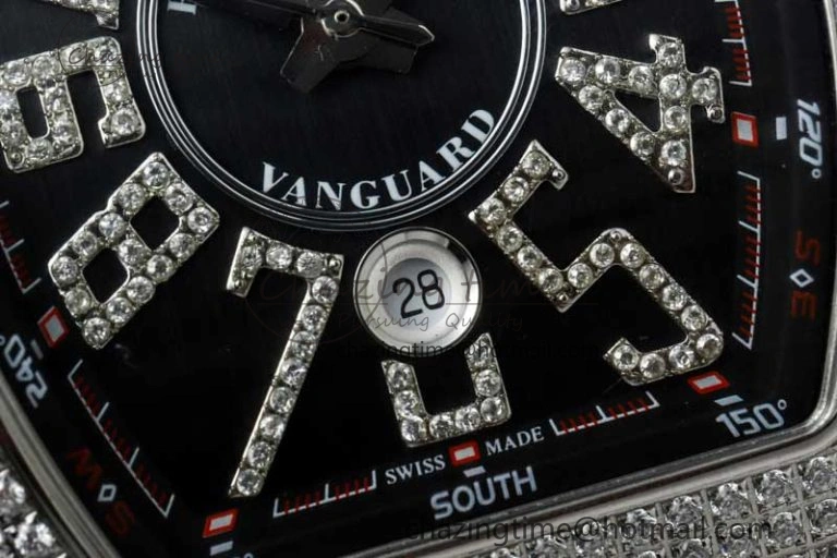 Vanguard V45 SS ABF Best Edition Full Diamonds Case Black Dial on Black Leather Strap A2824