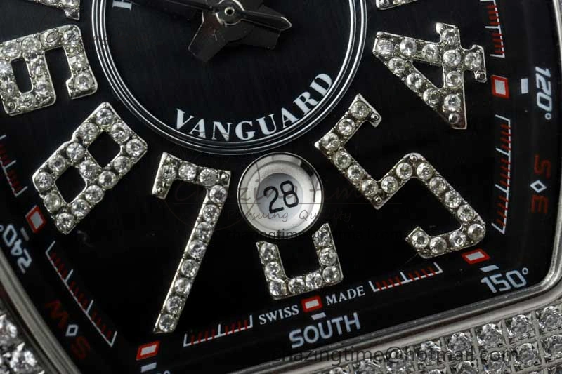 Vanguard V45 SS ABF Best Edition Full Diamonds Case Black Dial on Black Leather Strap A2824