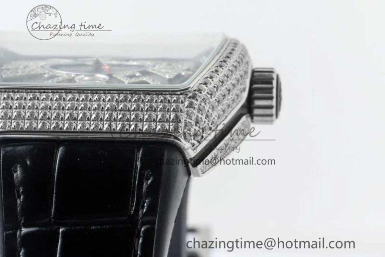 Vanguard V45 SS ABF Best Edition Full Diamonds Case Black Dial on Black Leather Strap A2824