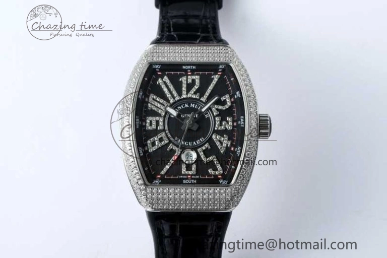 Vanguard V45 SS ABF Best Edition Full Diamonds Case Black Dial on Black Leather Strap A2824