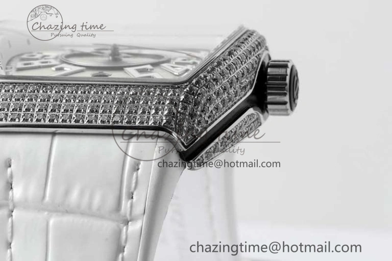 Vanguard V45 SS ABF Best Edition Full Diamonds Case Silver Dial on White Leather Strap A2824