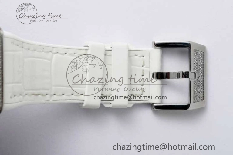 Vanguard V45 SS ABF Best Edition Full Diamonds Case Silver Dial on White Leather Strap A2824