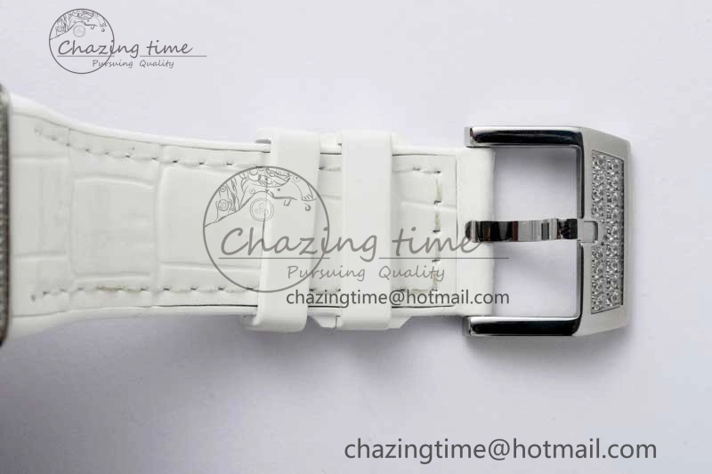 Vanguard V45 SS ABF Best Edition Full Diamonds Case Silver Dial on White Leather Strap A2824