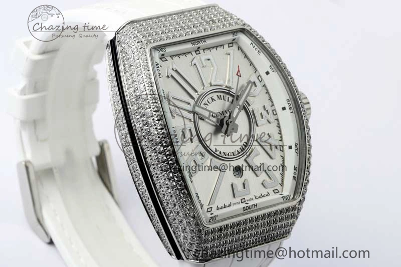 Vanguard V45 SS ABF Best Edition Full Diamonds Case Silver Dial on White Leather Strap A2824