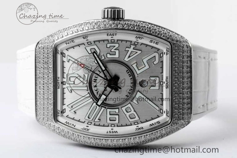 Vanguard V45 SS ABF Best Edition Full Diamonds Case Silver Dial on White Leather Strap A2824
