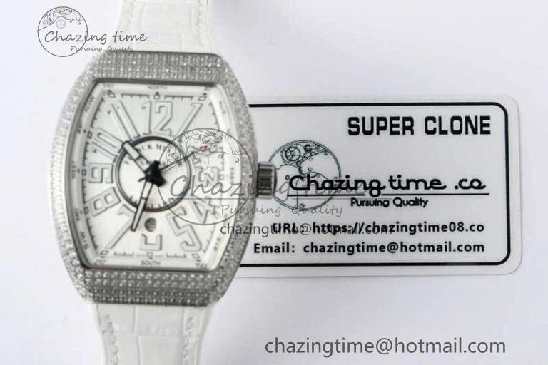 Vanguard V45 SS ABF Best Edition Full Diamonds Case Silver Dial on White Leather Strap A2824