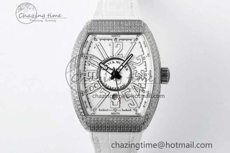 Vanguard V45 SS ABF Best Edition Full Diamonds Case Silver Dial on White Leather Strap A2824