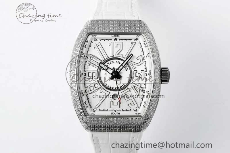 Vanguard V45 SS ABF Best Edition Full Diamonds Case Silver Dial on White Leather Strap A2824