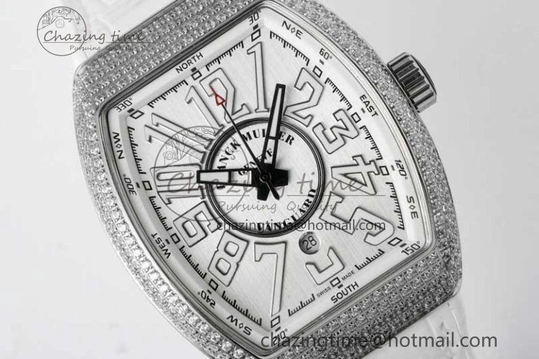 Vanguard V45 SS ABF Best Edition Full Diamonds Case Silver Dial on White Leather Strap A2824