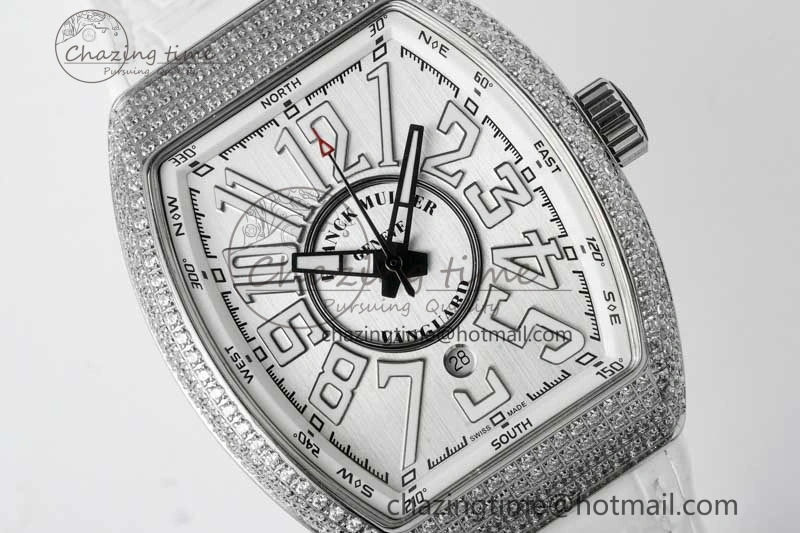 Vanguard V45 SS ABF Best Edition Full Diamonds Case Silver Dial on White Leather Strap A2824