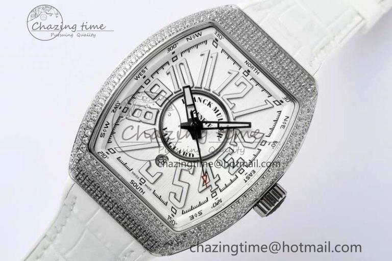 Vanguard V45 SS ABF Best Edition Full Diamonds Case Silver Dial on White Leather Strap A2824