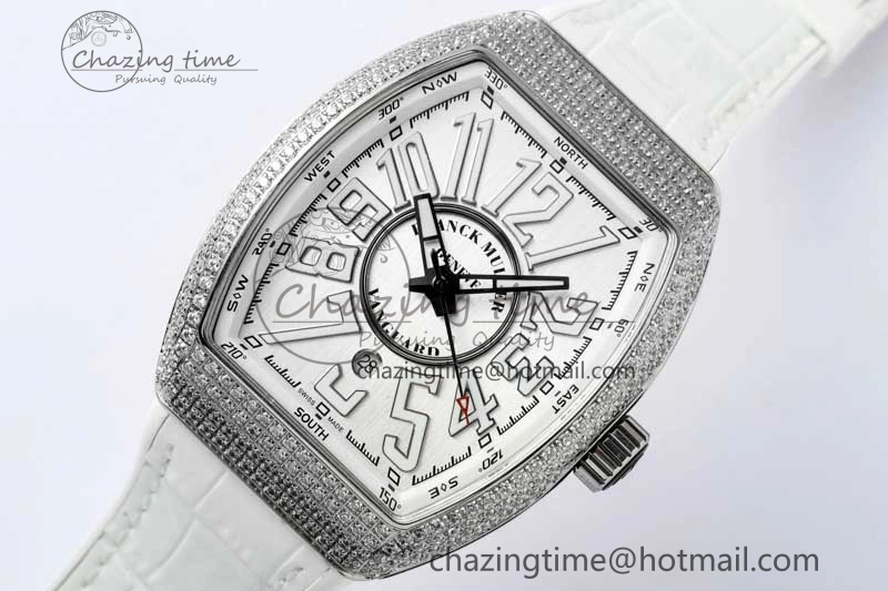 Vanguard V45 SS ABF Best Edition Full Diamonds Case Silver Dial on White Leather Strap A2824