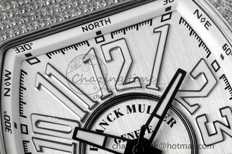 Vanguard V45 SS ABF Best Edition Full Diamonds Case Silver Dial on White Leather Strap A2824