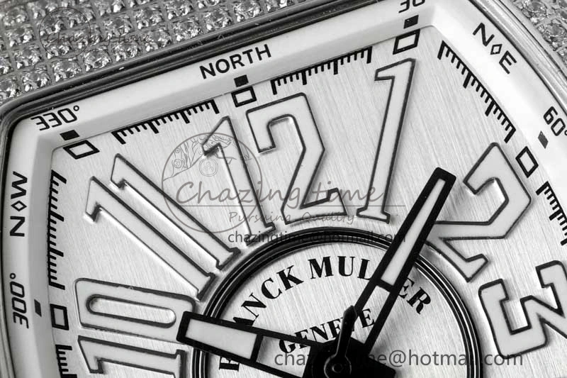Vanguard V45 SS ABF Best Edition Full Diamonds Case Silver Dial on White Leather Strap A2824