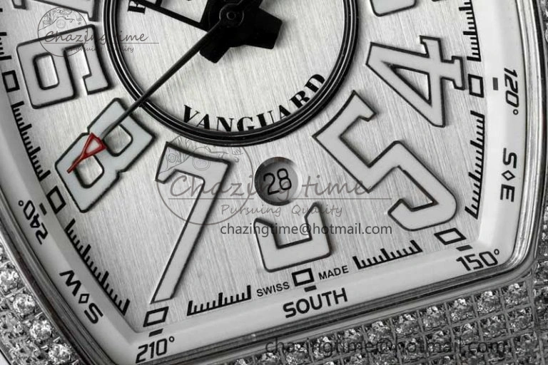 Vanguard V45 SS ABF Best Edition Full Diamonds Case Silver Dial on White Leather Strap A2824