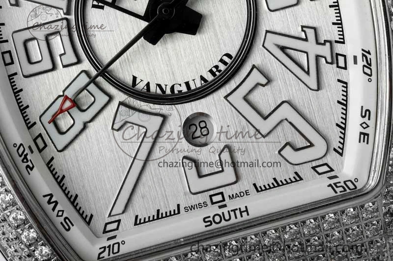 Vanguard V45 SS ABF Best Edition Full Diamonds Case Silver Dial on White Leather Strap A2824