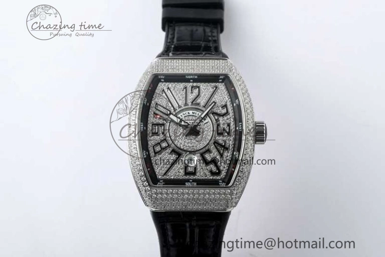 Vanguard V45 SS ABF Best Edition Full Diamonds Dial on Black Leather Strap A2824