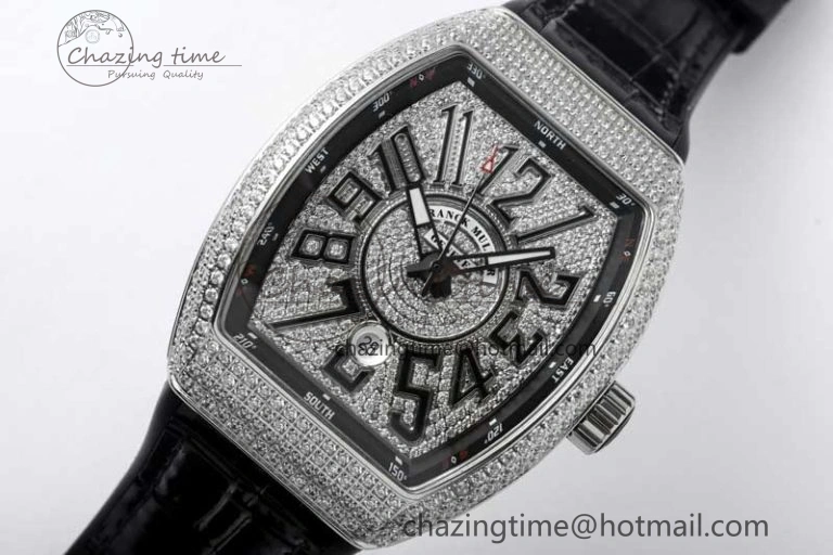 Vanguard V45 SS ABF Best Edition Full Diamonds Dial on Black Leather Strap A2824